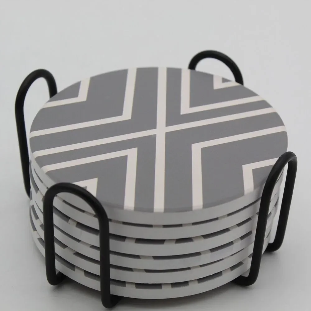 Absorbent Drink Ceramic Coasters & Holder Set of 6 w/Cork Back Grey White Stripe